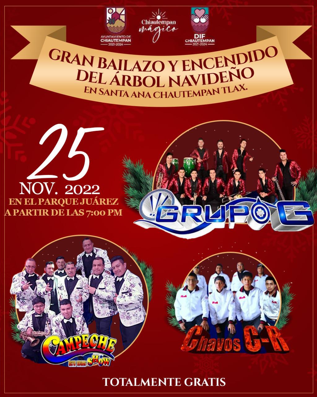 Hoy, Grupo G y Campeche Show en el encendido del árbol navideño en Chiautempan